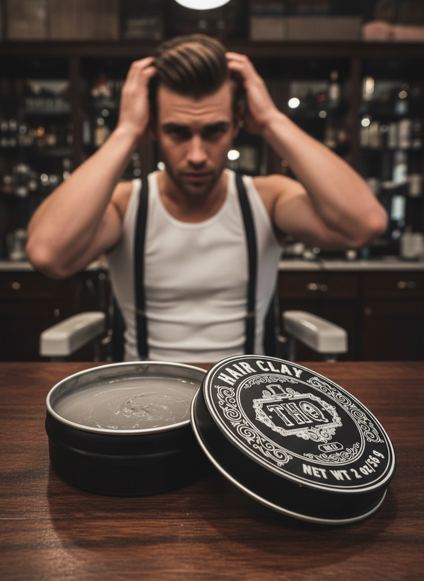 Hair Clay tin open with grey clay and lid displayed